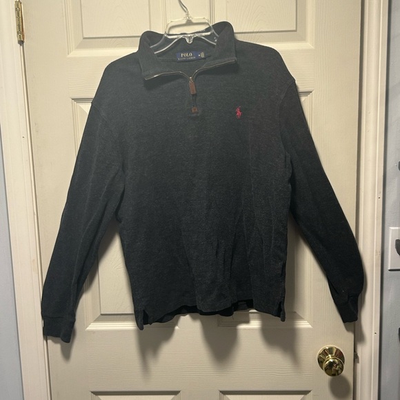 Polo Ralph Lauren 1/4 Zip Sweater Mens Medium Gray Red Pony Pullover - Picture 1 of 4